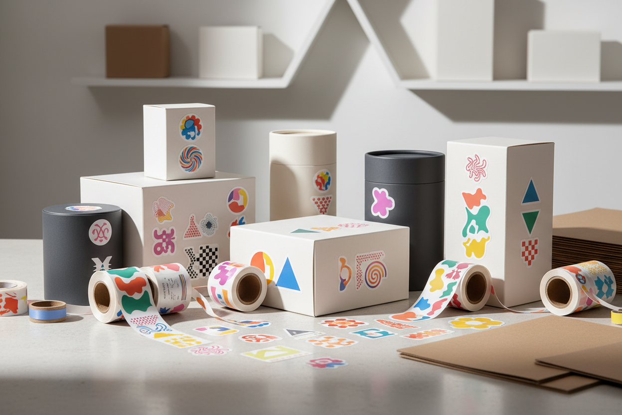 make a image that is about packaging, marketing, and have stickers, not showing and brand names,I would like to use that as the hero image on the home page.