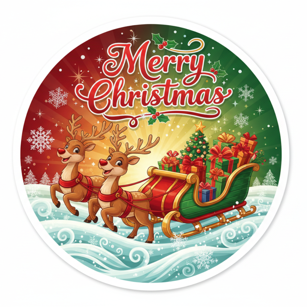Merry Christmas sticker, Bobsleigh and deers need to be in the design